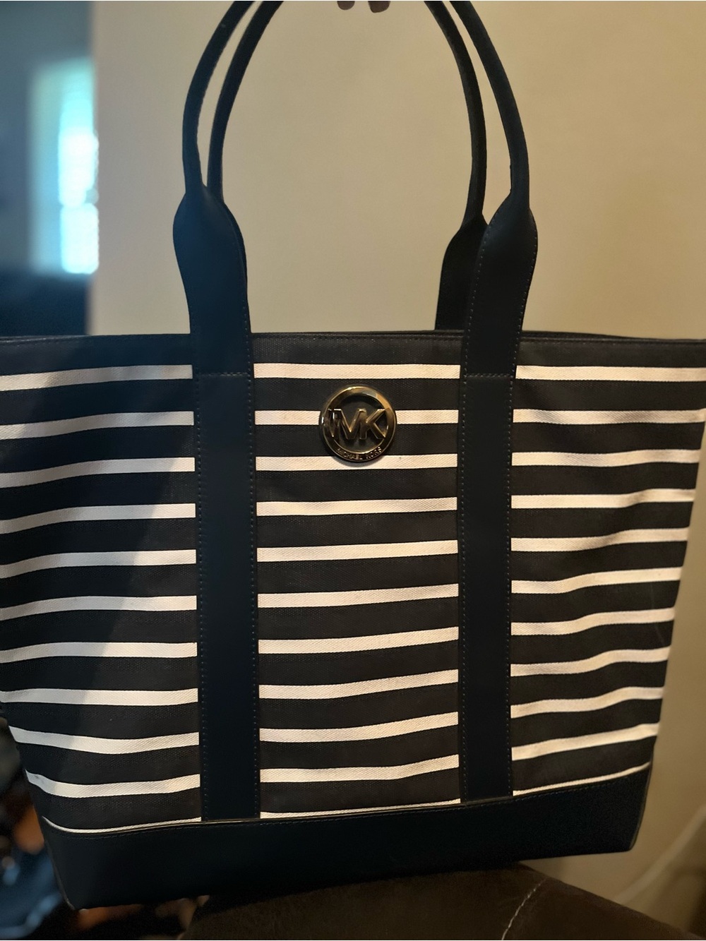 Michael Kors Navy and White Striped Tote with Gold Logo